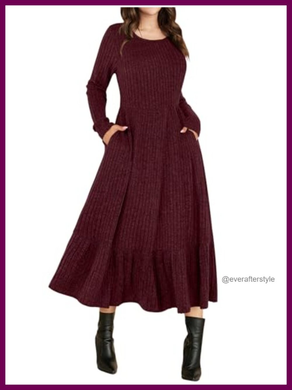 Women's Long Sleeve Midi Dress A-Line Ribbed Knit Side Pockets Fall